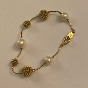 Vintage Signed Trifari Gold Tone Faux Pearl Bracelet Dainty Wedding Bride Gift